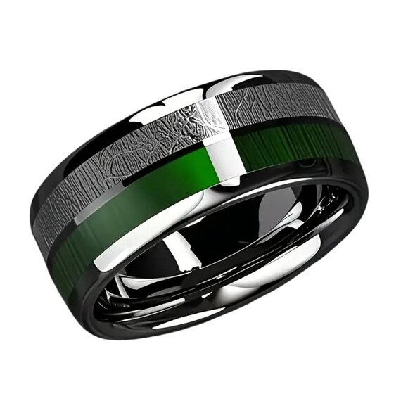 Tungsten Steel Men's Ring 8MM High Polished Green Marble with Meteorite Inlay - Picture 1 of 4